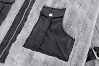 Pocket Color Contrast Patchwork Pu Lamb Wool Stand Collar Coat