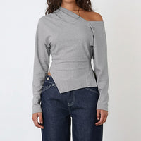 Comfortable Slim-fit Asymmetric Off-shoulder Solid-color Versatile Womens Blouse
