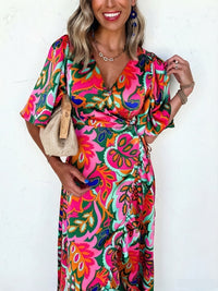 Womens Floral Peacock Lace-Up Swing Dress With Ruffled Hem