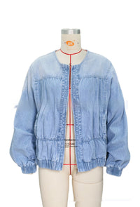 Washed Loose Round Neck Zipper Light Blue European And American Denim Jacket