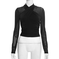 New Round-neck Cross-perspective Mesh Shirred Spliced Top