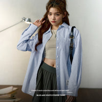 Women's French-style Blue Sun-Protective Casual Cotton-Linen Striped Shirt