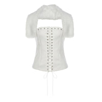 Womens Fashionable Sexy Strappy Cardigan With Faux Fur Collar T-Shirt