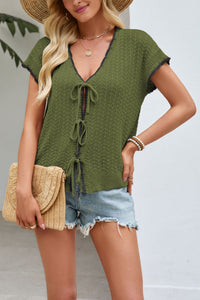 Color-block V-neck Lace-up Short-sleeve Knit Midriff-baring Cardigan