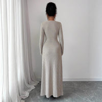 Solid-color Sexy V-neck Long-sleeve High-slit Dress