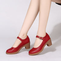 Chunky-heeled Buckle Shoes With Thermoplastic Rubber Soles Round Toe Low Cut