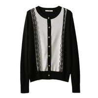 Slimming Lace Patchwork Round Neck Knitted Cardigan Sweater
