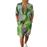 Middle-sleeve Floral-print V-neck Dress