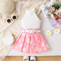 Girls' Pit Striped Halter Sleeveless Top Printed Pleated Skirt Belted Suit
