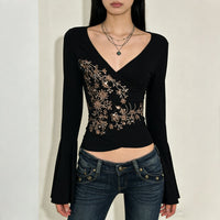Womens Retro American-Style Printed V-Neck Flare-Sleeve Shirt