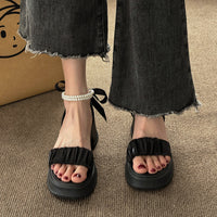 Pearl Bow French Style Thick Bottom Chunky Heel Sandals