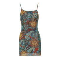 Stylish Strap Sun-Printed Sheer Mesh Bodycon Dress
