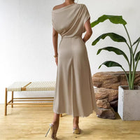 Satin Off-shoulder Figure-hugging Pleated Light-luxury High-end Long Dress