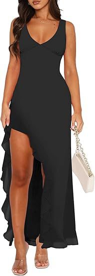 V-neck Hemline Dress Sleeveless Womens Clothing With A Letter-print Ruffled Trim