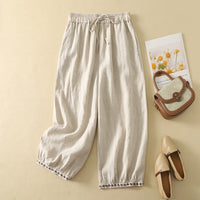 Womens Cotton Linen Embroidered Drawstring Loose Casual Pants