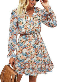 Elegant V-neck Flare-sleeve Floral Long-sleeve Dress