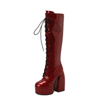 Womens Round-Toe Lace-Up Chunky-Heel Patent Leather Over-the-Knee Boots