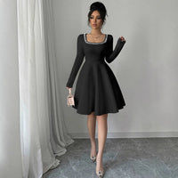 Square-neck Waist-cinched Black Long-sleeve Princess Dress