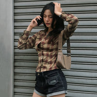 Color-contrast Check Personalized Fashion Design Pocket Long Sleeve Top
