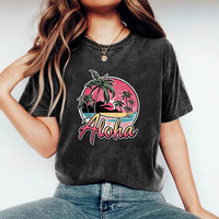 Women's Coconut Tree-printed Top With A Round Neck, Loose Fit And Short Sleeves