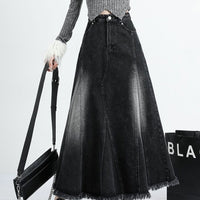 Black Denim Skirt Women's Irregular Mid-length A- Line Version Burrs Slimming