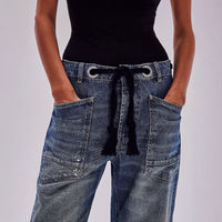 Women's Loose Straight Drawstring Splash-ink Design Casual Jeans