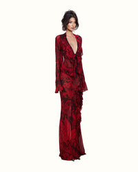 New French Style Retro Solid Color Lace Deep V Flared Sleeve Split Dress