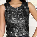 Womens Plus-Size Solid-Colored Sequin Crew-Neck Sleeveless Tank Top