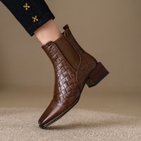 Retro Woven Square-toe Chunky-heel Womens Full-grain Leather  Boots With Elastic Side Panels
