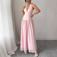 Solid-color Sleeveless Halter-neck Backless Dress For Women