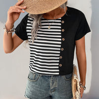 Women's Loose-Fit Striped Contrast-Color Short-Sleeve Pullover T-Shirt