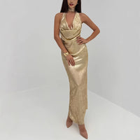 V-neck Open-back Gold Maxi Dress