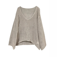 Hooded Openwork Long-sleeve Loose-fitting Versatile Knit Top