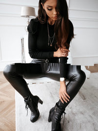 Women's Casual High Waist Zipper Pencil Leather Pants