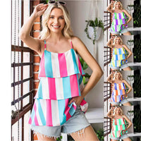 Womens Striped Printed Pleated Layered Camisole