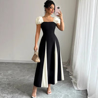 French-style Sophisticated Gown Black-and-white Contrast Patchwork Off-shoulder Dress
