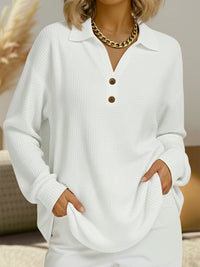 Fashion V-neck Button Solid Color Loose Long Sleeve Pullover