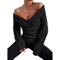 Crew-neck Off-shoulder Casual Cross-over Fitted Knit Sweater