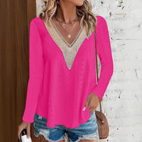 Lace-trimmed Patchwork V-Neck Plus-Size Long-Sleeve T-Shirt
