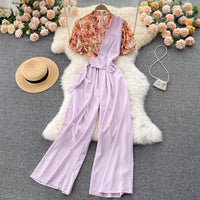 Fake Two Pieces Of Western Style V-neck High Waist Slimming Drape Wide-leg Jumpsuit Women
