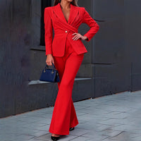 One Button Waist Cinched Belted Flared Pants Suit Set