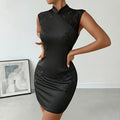 Embroidered Stand-up Collar Black Cheongsam Dress
