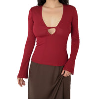 Deep V Long Sleeve Solid Color Sexy Slim-Fit Underwear Top
