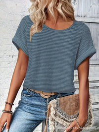 Womens Simple Versatile Lace-Patchwork Crew-Neck Short-Sleeve Top