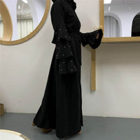 Muslim Fashion Bead Flare Sleeve Tie-neck Cardigan