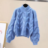Half-high Collar Long Sleeves Pullover Women's Sweater Autumn And Winter Loose Base Ride Puff Sleeve Knitted Top