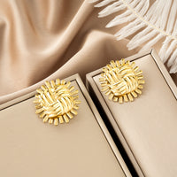 Oval Stainless Steel Earrings, Trendy Geometric Heart Texture, 18K Gold Plated Ear Studs, Titanium Steel