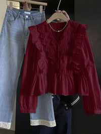Womens Casual Solid-Color Lace-Patchwork Ruffle-Trim Long-Sleeve Top