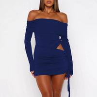 One-shoulder Long-sleeve Top And Spring Sexy Slim-fit Pleated Sheath Skirt