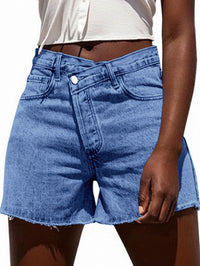 Irregular Slant-waist Raw-edge Denim Shorts